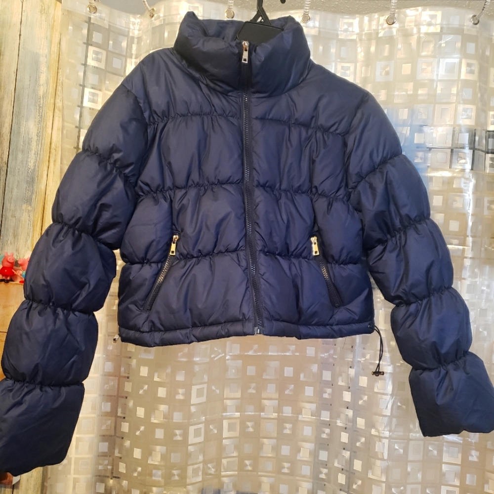 Navy Puffer Jacket with Gold Zippers